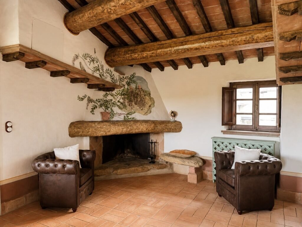 Soggiorno che si apre sulla zona pranzo nell'appartamento Il belvedere, Borgo Braila, Umbria