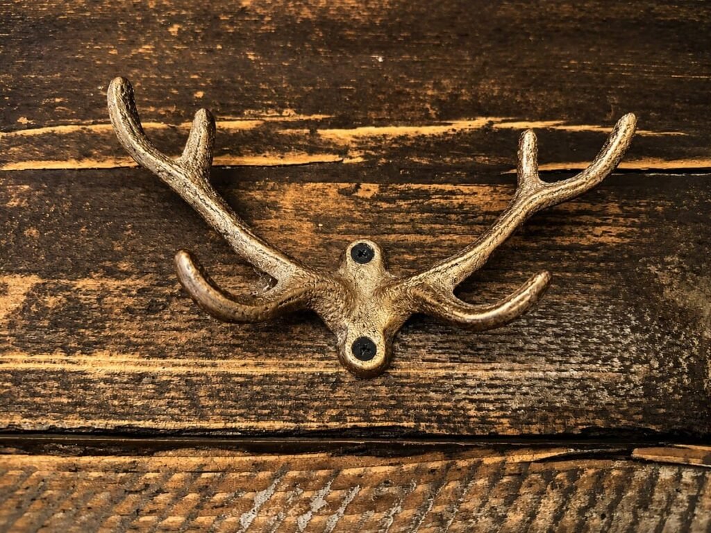 Decorazione con corna su una trave in legno nell'appartamento Il belvedere, Borgo Braila, Umbria