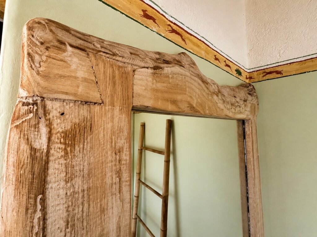 Dettaglio del bagno con trave a vista nell'appartamento Il belvedere, Borgo Braila, Umbria