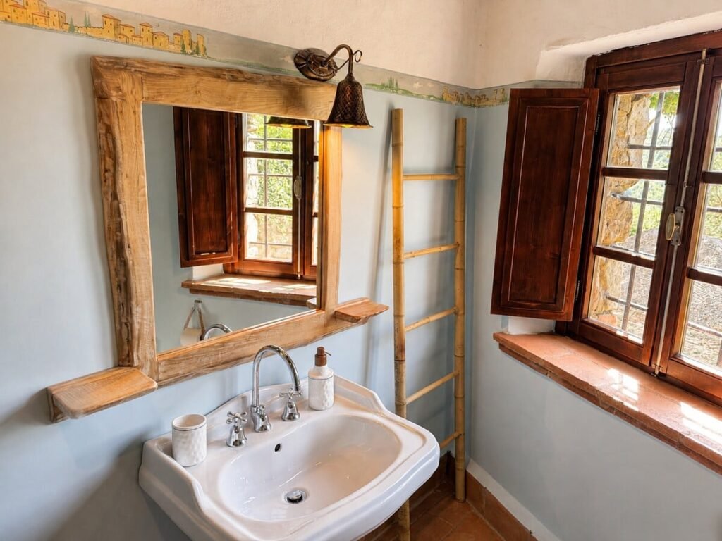 Bagno con lavabo a colonna e finestra nell'appartamento Il ponente, Borgo Braila, Umbria