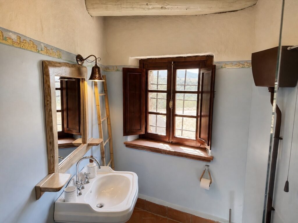 Bagno con lavabo e finestra nell'appartamento Il ponente, Borgo Braila, Umbria