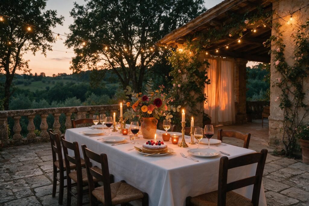 Cena di compleanno in festa su una terrazza affacciata sulle colline umbre a Borgo Braila