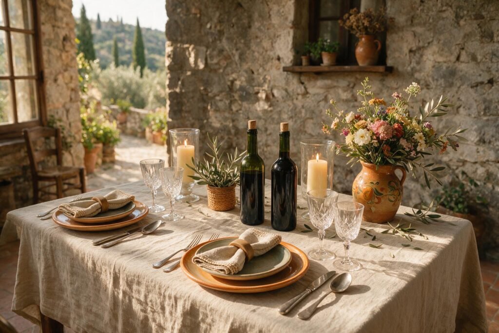 Tavola rustico-chic con vino locale e fiori a Borgo Braila