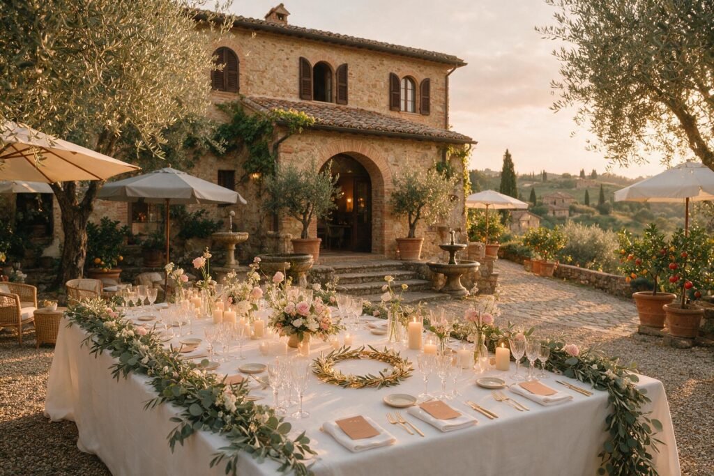 Tavola di nozze all'aperto apparecchiata sotto gli ulivi a Borgo Braila, Umbria