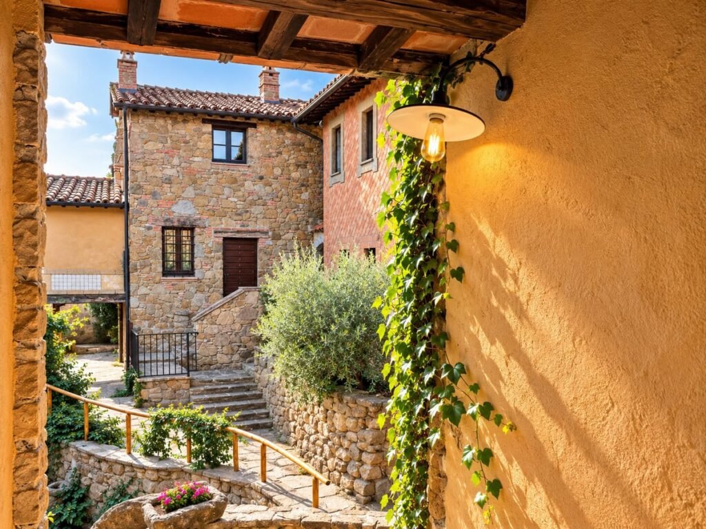 Vicolo in pietra del borgo con edera e ulivo nell'appartamento La Dimora del Levante, Borgo Braila, Umbria